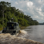 Embarcação de fiscalização navegando em trecho de rio amazônico durante operação contra garimpo ilegal